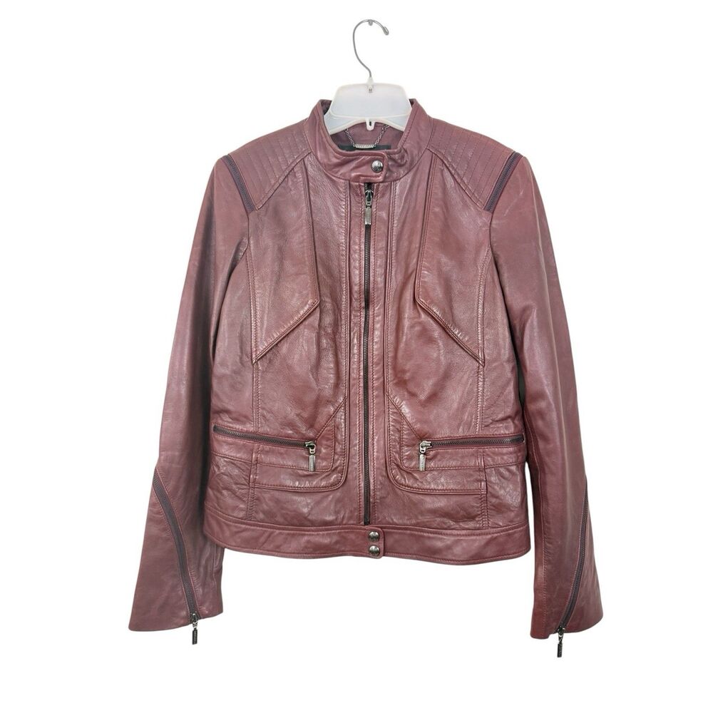 Bernardo Zip Trim Genuine Leather Jacket Womens Sz Medium Purple Burgundy Zipper